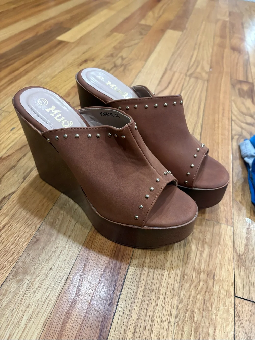 Mudd Tan Studded Wedge Mules